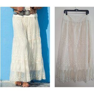 Boston Proper Ivory Lace Floral Embroidered Mesh Fairy Western Boho Maxi Skirt 8